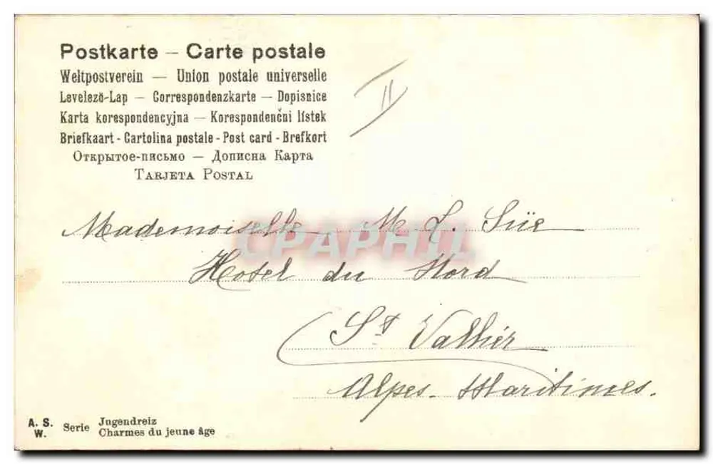 Junge Frau mit lockigem Haar — violette Blumen — A. S. Serie Jugendreiz - Rückseite