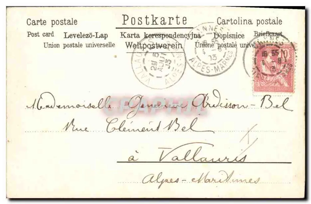 Ich bedauere, nicht in diesen Tagen bei dir sein zu können, aber ich hoffe, dich bald zu umarmen. Tausend Küsse. Von mir an deine ganze Familie. — Marquerite — Madame Geneviève — Vallauris - Rückseite