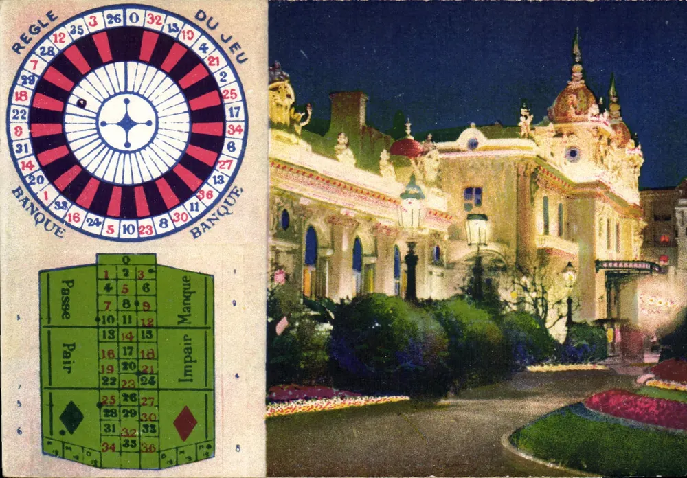 Casino de Monte-Carlo — Roulette und nächtliche Fassade — Verlag: Les Belles Lettres et la Poste - Vorderseite