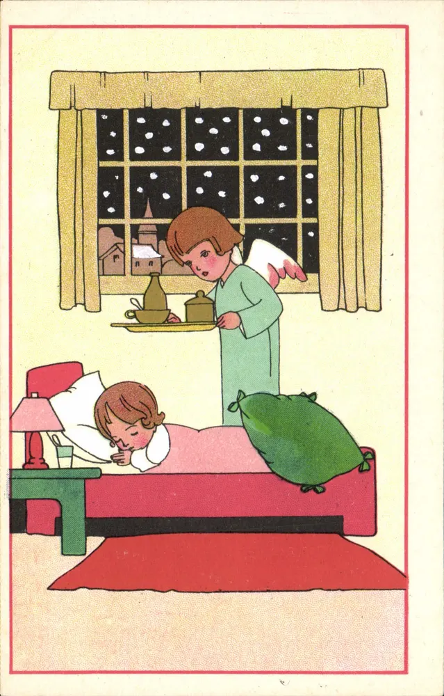 Engel, der ein Tablett zu einem schlafenden Kind bringt — nächtliche Szene im Winter — Verlag BOLASSE-JEUNE ET CIE, Nr. P.C.129 - Vorderseite