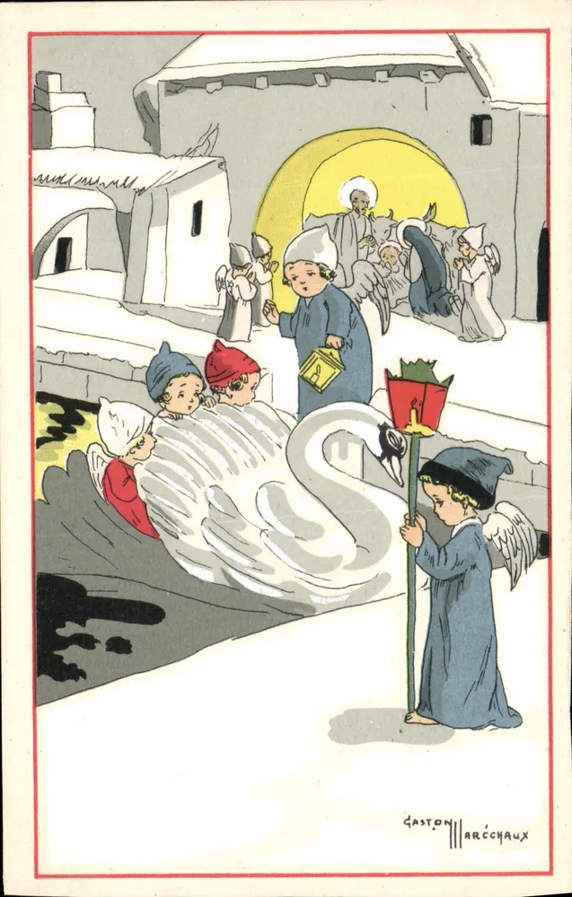 WeihnachtsSzene mit Schwan — Illustration von Gaston Arécchaux — Verlag Bouasse-Jeune et Cie, P.C. 5 - Vorderseite