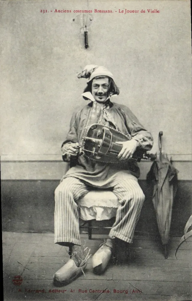 Alte Bressan-Kleidung — Der Vielle-Spieler — R. Forrand, Verlag 41 Rue Centrale, Bourg (Ain) - Vorderseite
