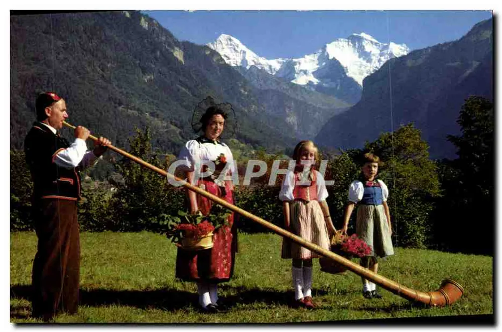 अल्फहॉर्न ब्लेसर मिट ट्रैक्टेंग्रुप्पे। मॉन्च अंड जुंगफ्रू - इंटरलैकन - एच. स्टेइनहॉवर - आगे