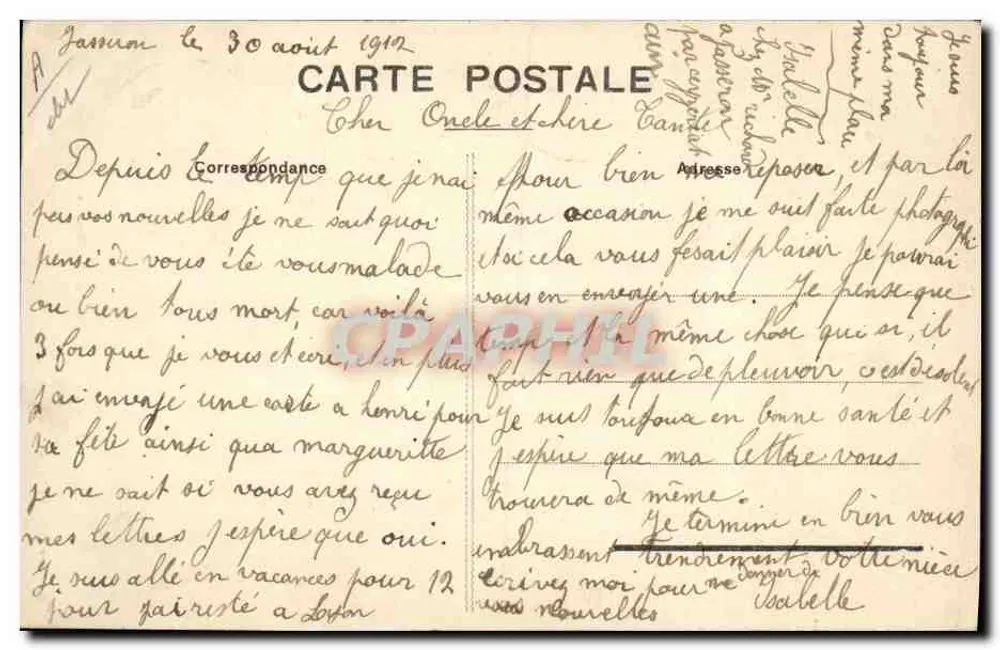 La Grande Voillée en Bresse — scène de vie quotidienne avec femme à la bobine et homme au violon — éditeur B. Ferrand, 41 Rue Centrale, Bourg (Ain) - Verso