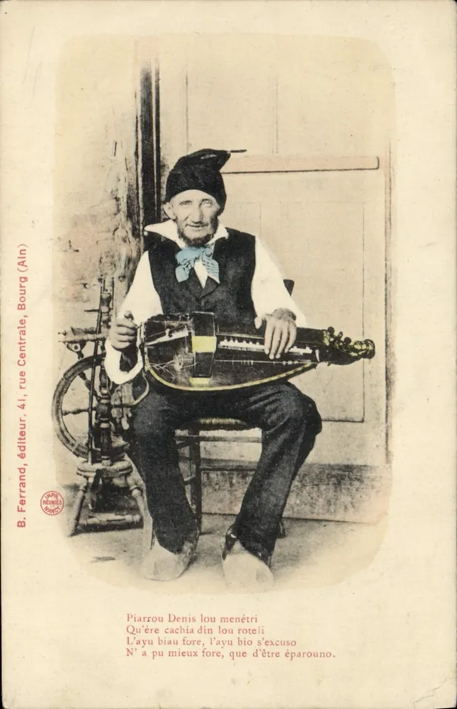 Piarrou Denis lou menétri — músico tocando mandolina — B. Ferrand, editor, 41, rue Centrale, Bourg (Ain) - Frente