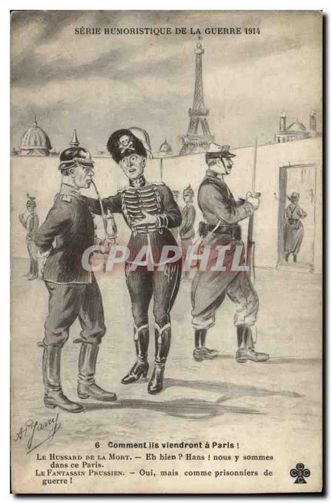 Hussar des Todes und preußischer Infanterist — Humoristische Kriegsserie 1914, n°6 — A. P. Pann - Vorderseite