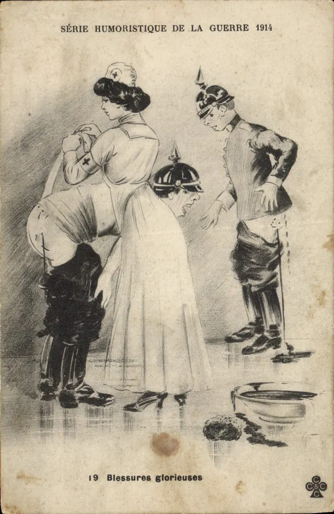 नर्स और जर्मन सैनिक — 1914 की युद्ध की हास्य श्रृंखला, संख्या 19 गौरवपूर्ण चोटें — छापकर्ता सी&सी - आगे