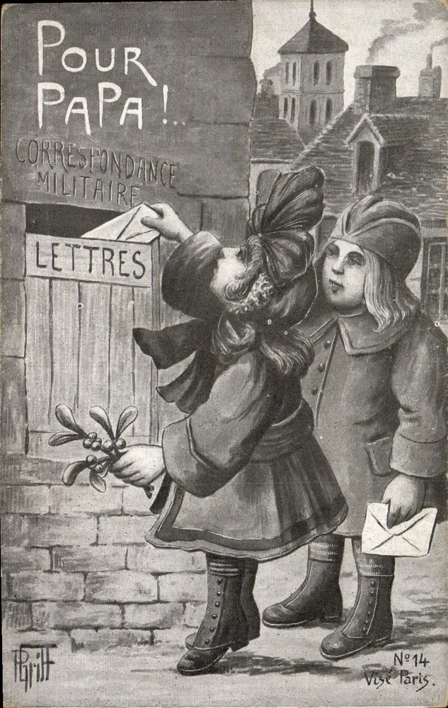 Zwei Kinder, die einen Brief in die Militärbriefkarte stecken — Für Papa! — Griff, Paris, Nr. 14 - Vorderseite
