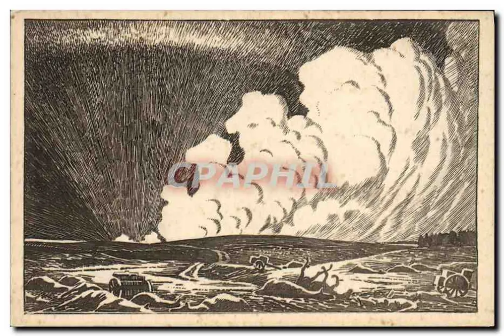 Batalha — cena de guerra com fumaça e veículos — editada por Lichtdruck von Duyhie & Wagner, Berlim S.W.68 - Frente