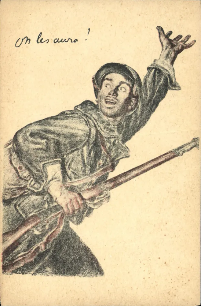 Soldado em ação — slogan 'On les aura !' — Devambez, Paris, Visa N° 90 - Frente