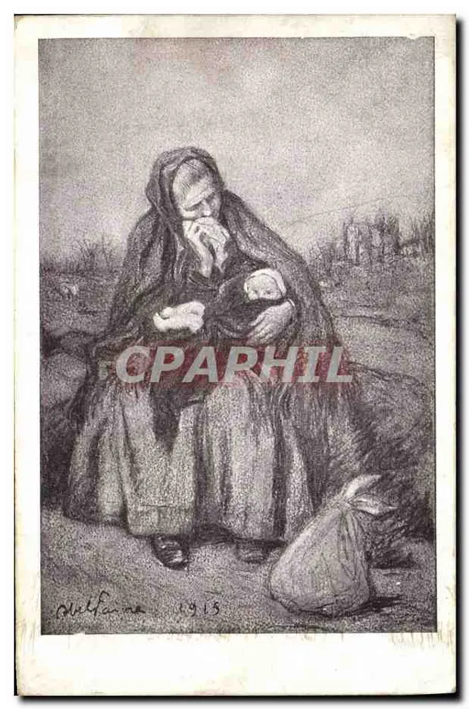 Matka trzymająca dziecko — scena wojenna — rysunek Melfaune, 1915 - Awers