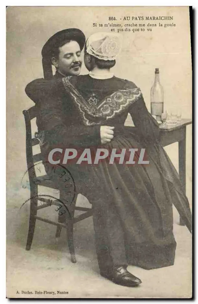 Au pays maraichin — scène de couple dans un décor intérieur — éditeur A. Duclos, Bois-Fleury, Nantes, n° 864 - Frente