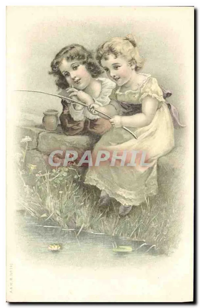 Zwei Kinder fischen — Flusslandschaft — Verlag A. LEMER, Nr. 1011 - Vorderseite