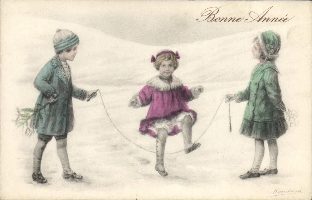 Kinder, die Seil springen — Frohe Neujahr — Bondeina - Vorderseite