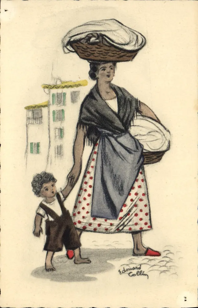Frau mit einem Korb auf dem Kopf — mit einem Kind — Zeichnung von Edouard Collhy - Vorderseite