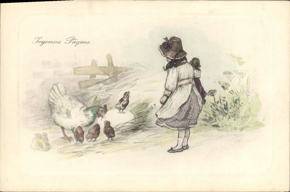 Frauen und Hühner — pastorale Szene — Universal Postal Union, Serie 7000 - Vorderseite