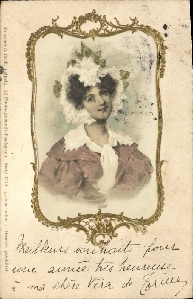Junge Frau mit blühendem Hut — Photo-Aquarelle-Postkarte, Serie 1119 — Meissner & Buch, Leipzig - Vorderseite