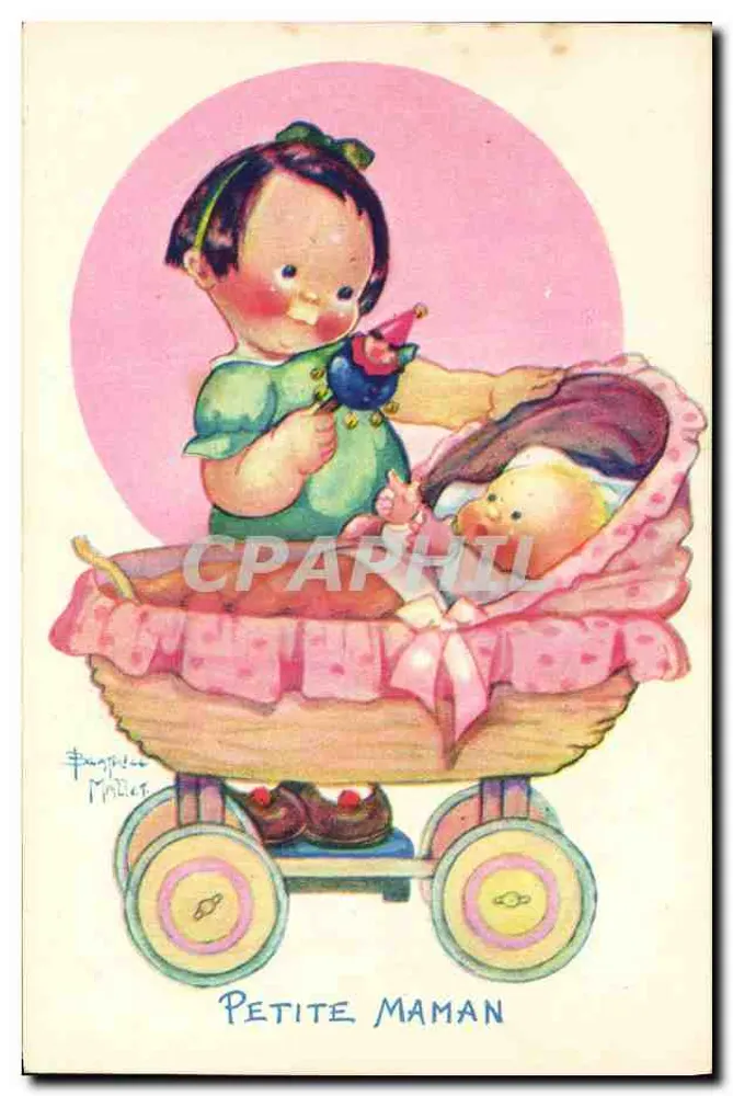Kleine Mama — Illustration einer kleinen Mädchen, die ein Baby in einem Kinderwagen hält — Zeichnung von Pangrèce Marlet - Vorderseite