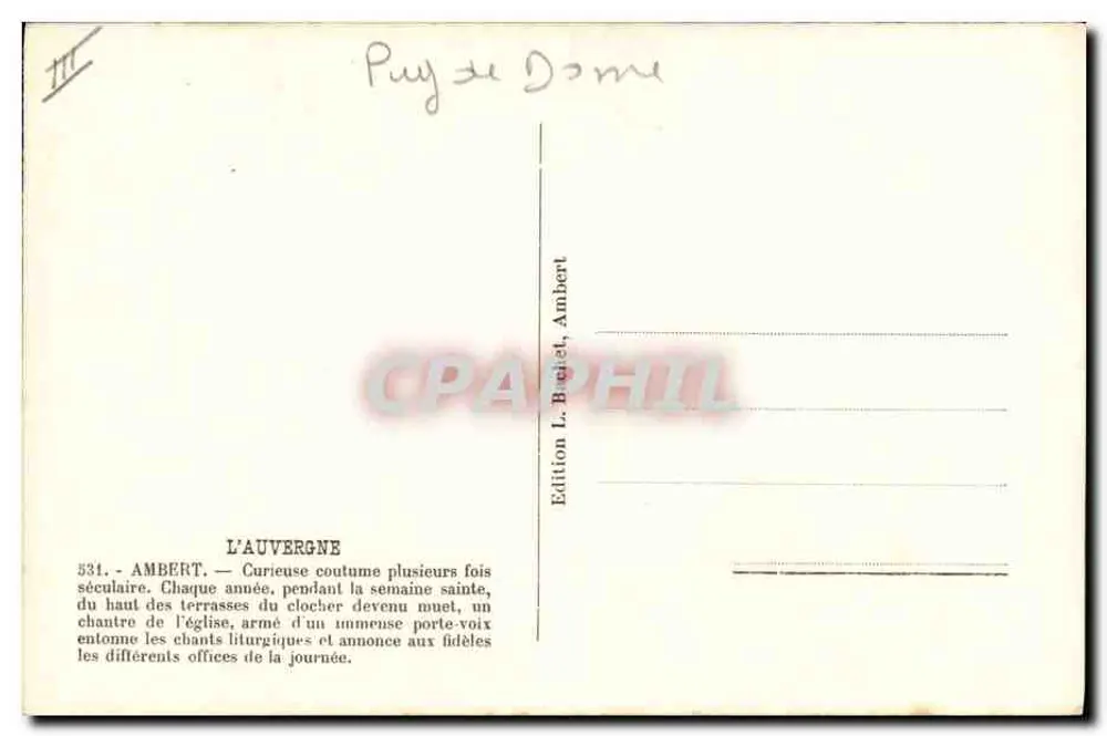 Puy de Dôme — Curiosa tradição secular — Edição L. Béchet, Ambert - Verso