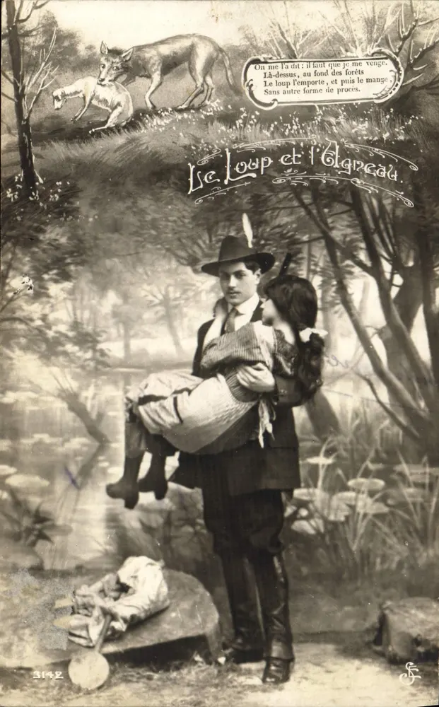Der Wolf und das Lamm — Paar-Szene in einem Waldsetting — Verlag Céloro-Platine, n° 3142 - Vorderseite