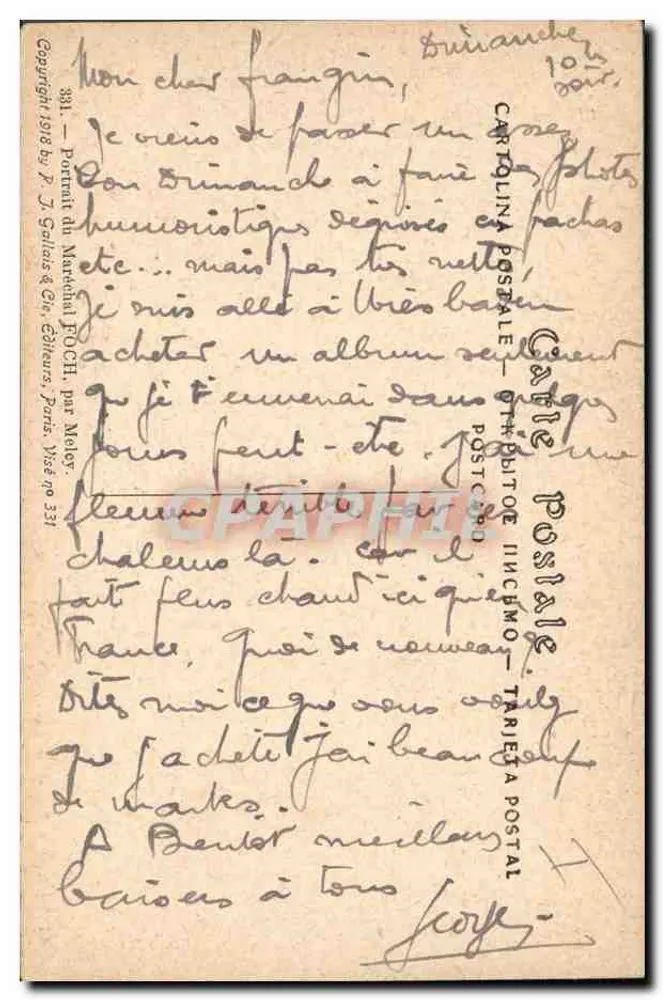 Maréchal Foch — Retrato militar — Editor P. J. Gallais & Cie, Paris, n° 331 - Verso