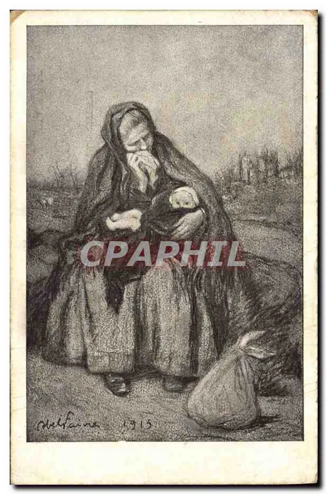 Mulher segurando uma criança — cena de guerra — Melfaine 1915 - Frente