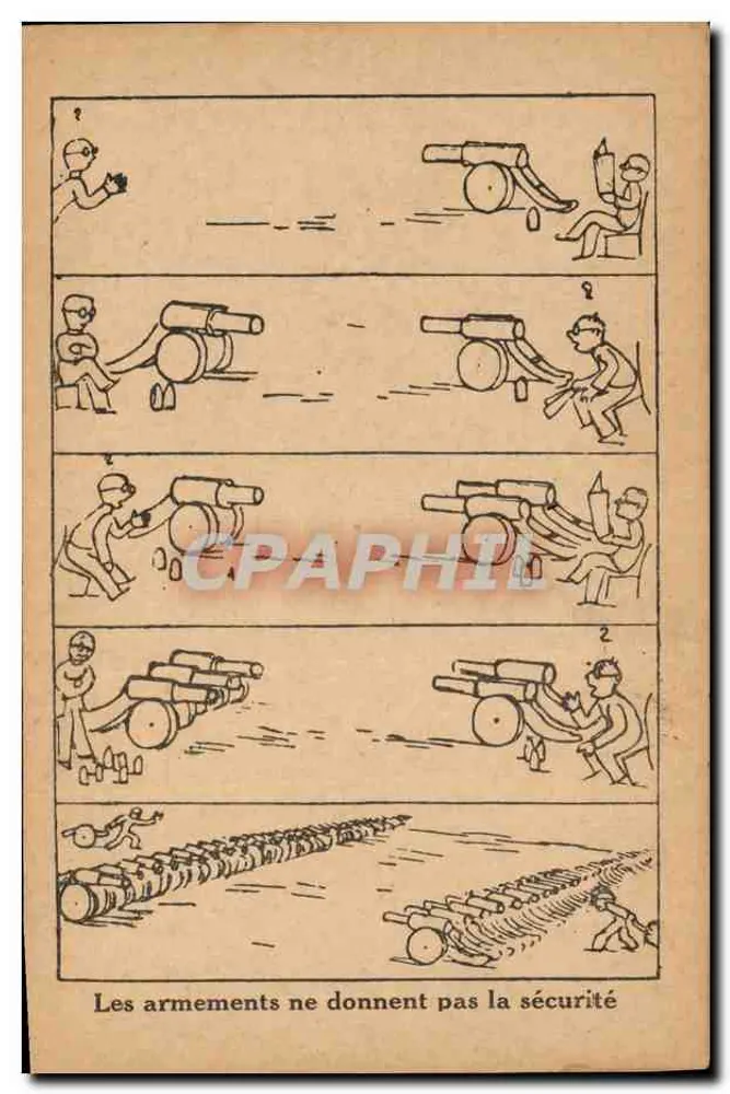 Waffen geben keine Sicherheit — antimilitaristische Karikatur — Éditions L.I.C.P. - Vorderseite