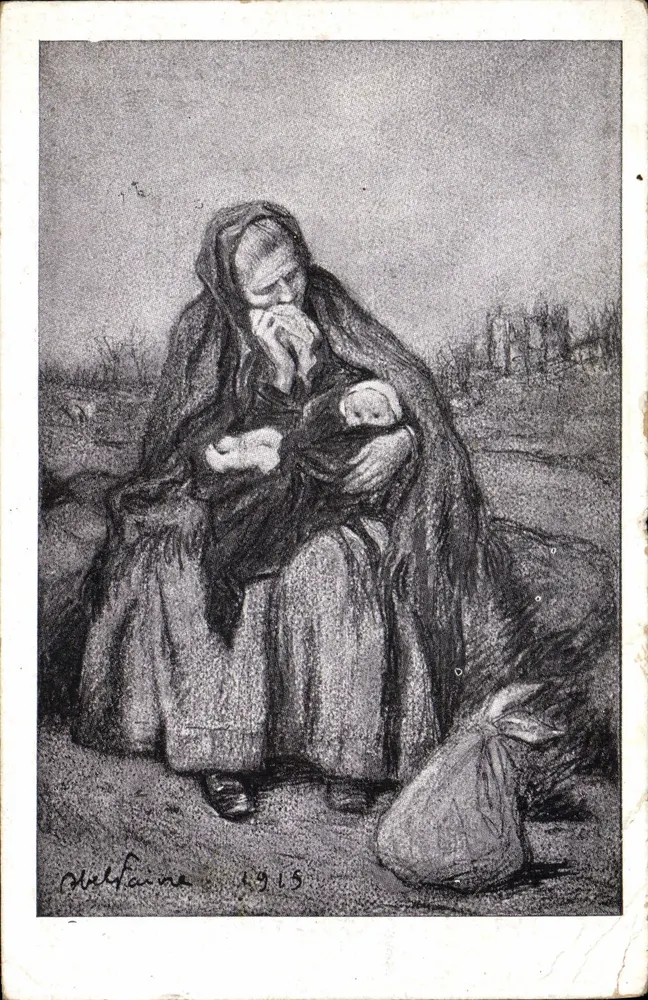 Mère avec son enfant — scène de guerre — dessin de Melfaine 1915 - Frente