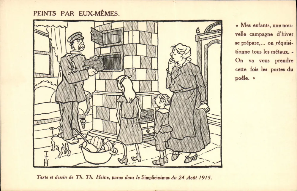 Família diante de uma lareira — requisição de inverno — Texto e desenho de Th. Th. Heine, publicados no Simplícissimus de 24 de Agosto de 1915 - Frente