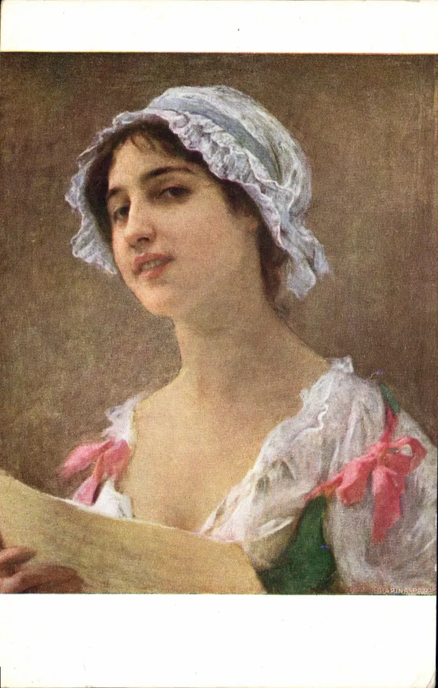 Młoda kobieta w czapce z falbankami — obraz Marina Laca — wydawca C.-A. Lenoir, nr 1346 - Awers