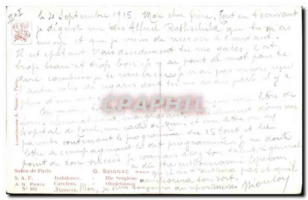 Jovem mulher nua em um sofá — obra de G. Seignac — Salon de Paris, N° 103 - Verso