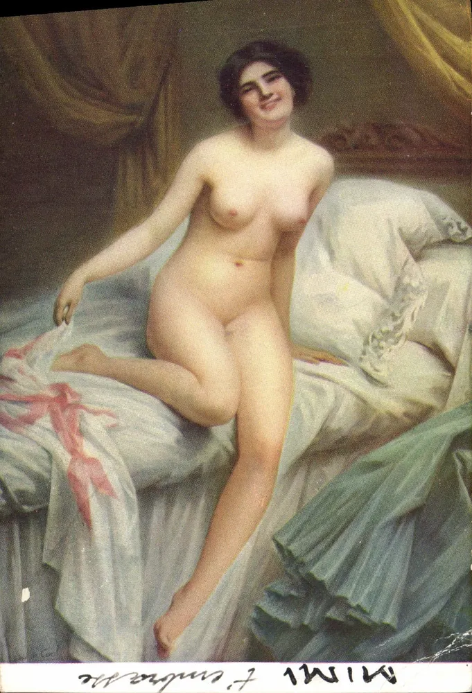 Nackte Frau auf einem Bett — Malerei von Jean L. Coët — Verlag G. Delaunay, Nr. 14 - Vorderseite