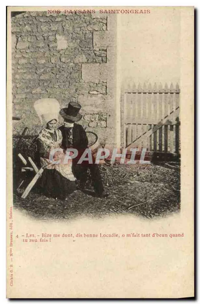 Camponeses saintongeais — cena de casal diante de uma parede de pedra — editado por Sèlèas, n°4 - Frente