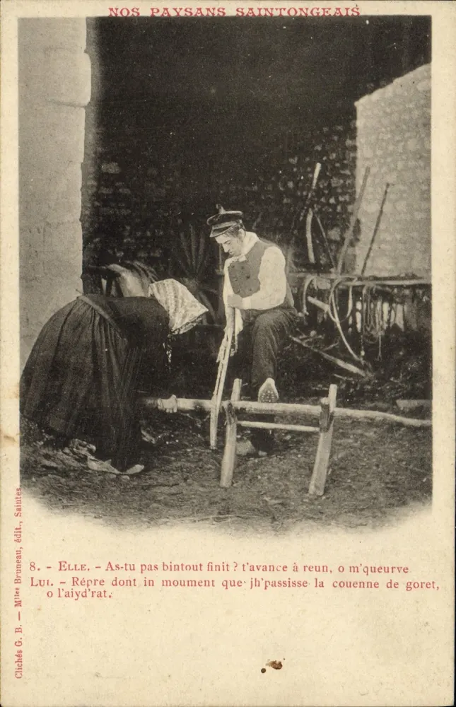 Nossos camponeses saintongeais — cena de vida rural — Clichés G. B., edição Mme Bruneau, Saintes, n°8 - Frente