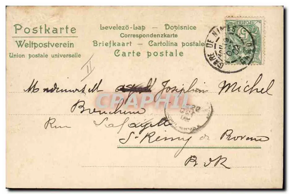Junge Frau in gelber Robe, die ein Instrument spielt — Serie Musik 1304 — Verlag R. Cuny - Rückseite
