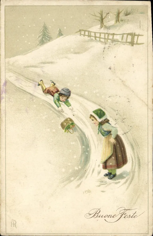 Enfants jouant dans la neige — scène hivernale — éditeur RR - Vorderseite