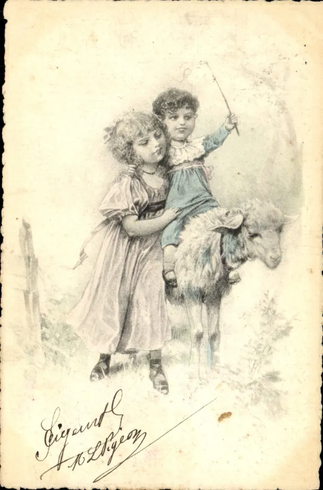 Zwei Kinder und ein Lamm — Illustration von Gigand & Pigeon — Verlag Gigand & Pigeon, Nr. 102 - Vorderseite