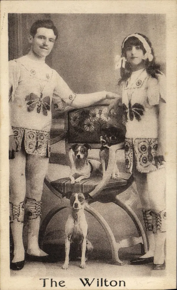 O Wilton — Casal vestido com trajes de dançarinos com cães — editor Wilton - Frente
