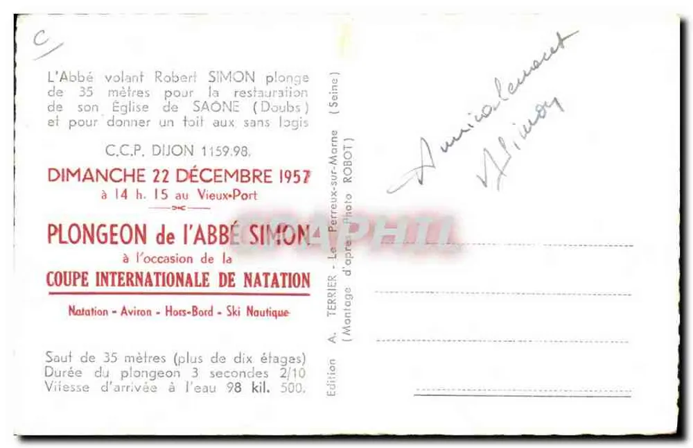 Mergulho do Abbé Simon — Copa Internacional de Natação — Edição A. Terrier, Perreux-sur-Marne - Verso