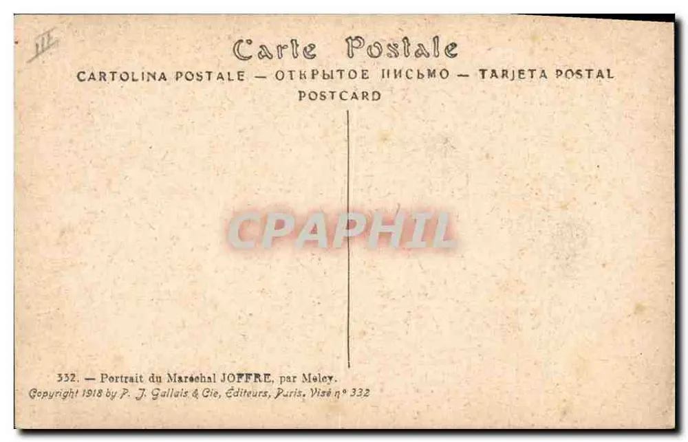 Mariscal Joffre — Retrato militar — editor P. J. Gallais & Cie, n° 332 - Verso