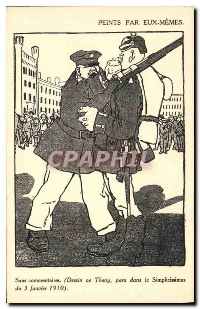 Dois policiais em confrontação — desenho de Theny — publicado no Simplicissimus de 3 de janeiro de 1910 — P. J. Gallais et Cie, n° 118 - Frente