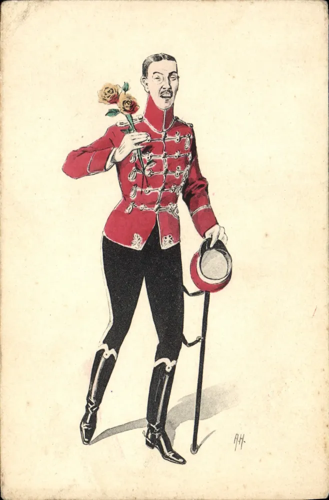 Soldado em uniforme vermelho — com rosas e chapéu — desenho assinado A.H. - Frente