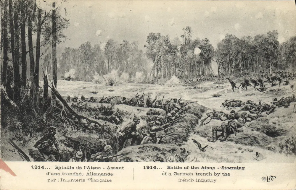 Schlacht an der Aisne - Angriff auf eine deutsche Schützengraben — 1914 — durch die französische Infanterie — (E-L-D) - Vorderseite