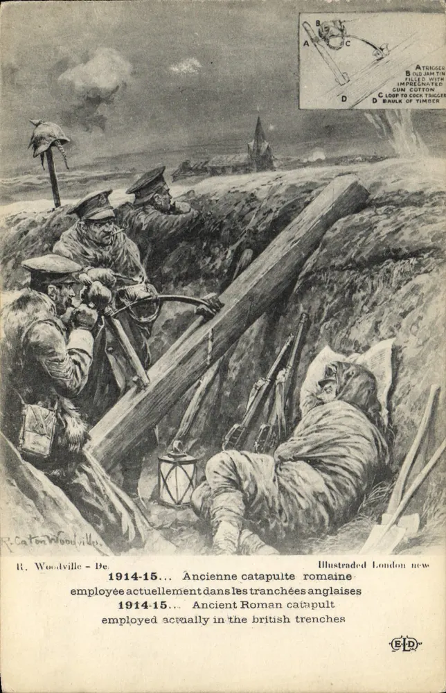Antike römische Katapulte — Derzeit in englischen Schützengräben verwendet — R. Caton Woodville, Illustrated London News - Vorderseite