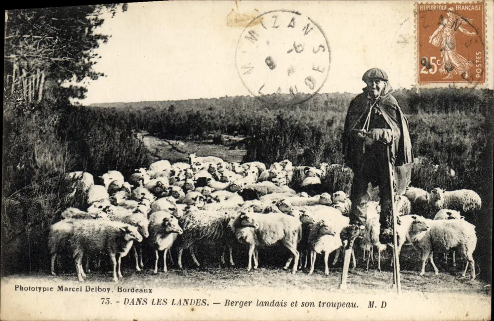 Nos Landes — Pastor landês e seu rebanho — Fototipia Marcel Delboy, Bordeaux - Frente