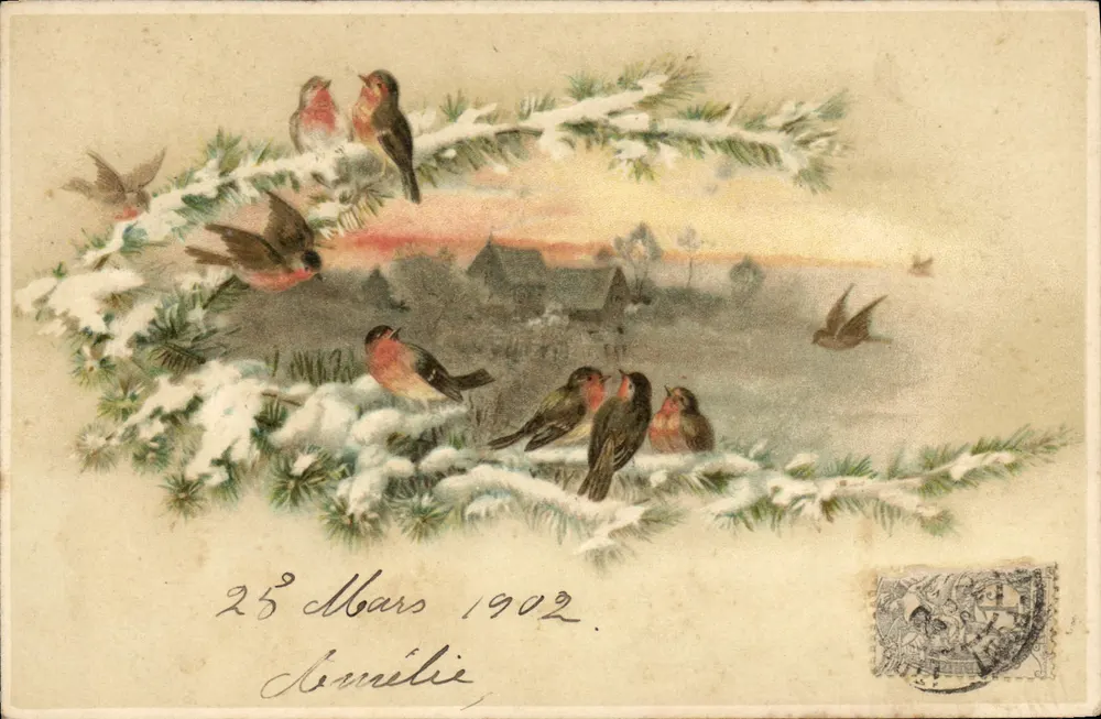 Aves sobre galho nevado — cena invernal — Impressora Ignace Combescure, Draguignan - Frente