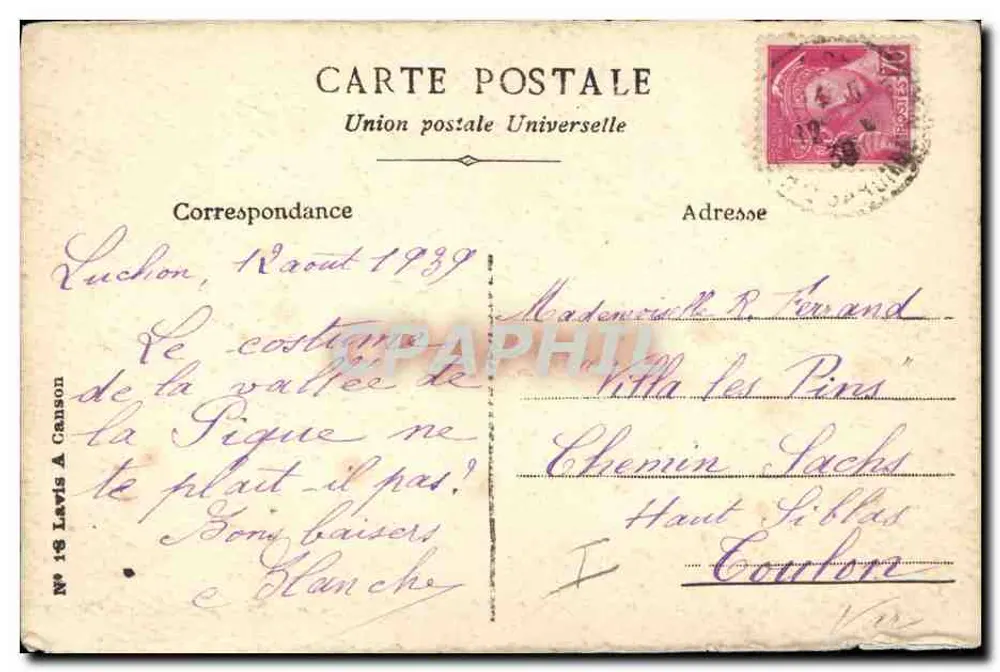 Frau im traditionellen Kleid — Luchon, Pyrénées — Verlag Union postale Universelle, n° 18 - Rückseite