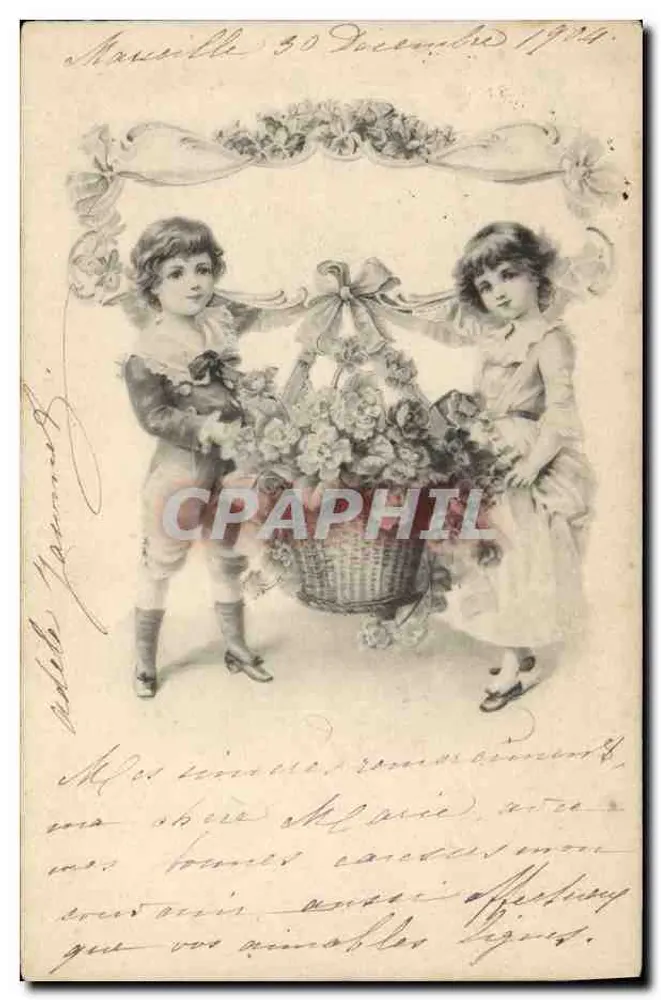 Deux enfants présentant un panier de fleurs — Marseille, 30 décembre 1914 — éditeur non identifié - Recto