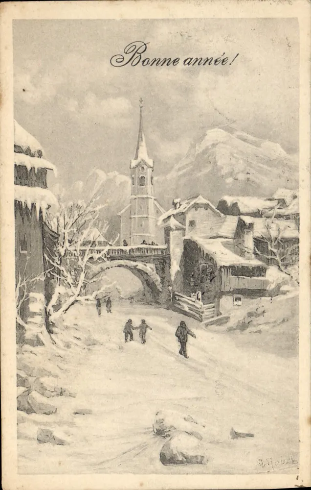 Schneeverwehtes Dorf — Frohe Weihnachten! — B. J. Holzbach - Vorderseite