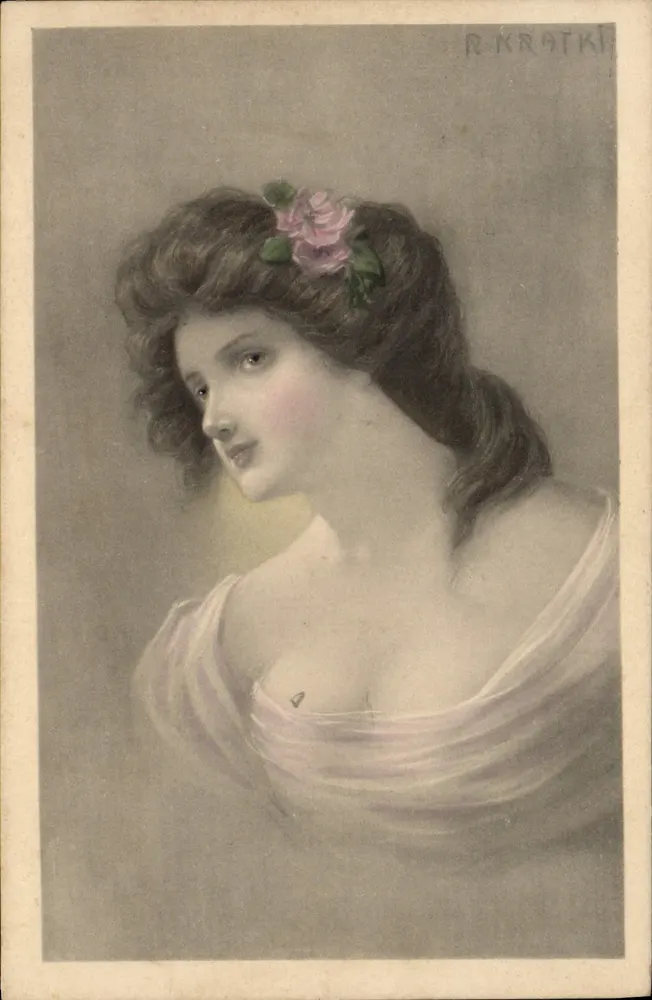 Porträt einer Frau — Rose im Haar — R. Kratki - Vorderseite